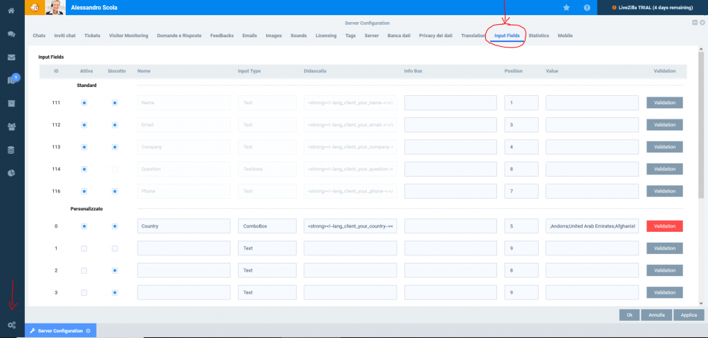 Configurazione dei campi modulo per Livezilla