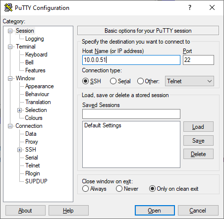 Sessione SSH con Putty