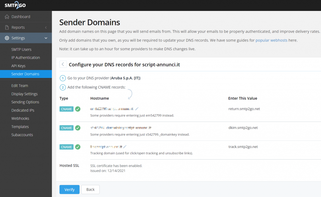 SMTP2GO DNS verificati