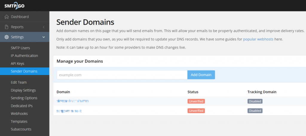 pagina "Domini di Invio" di SMTP2GO