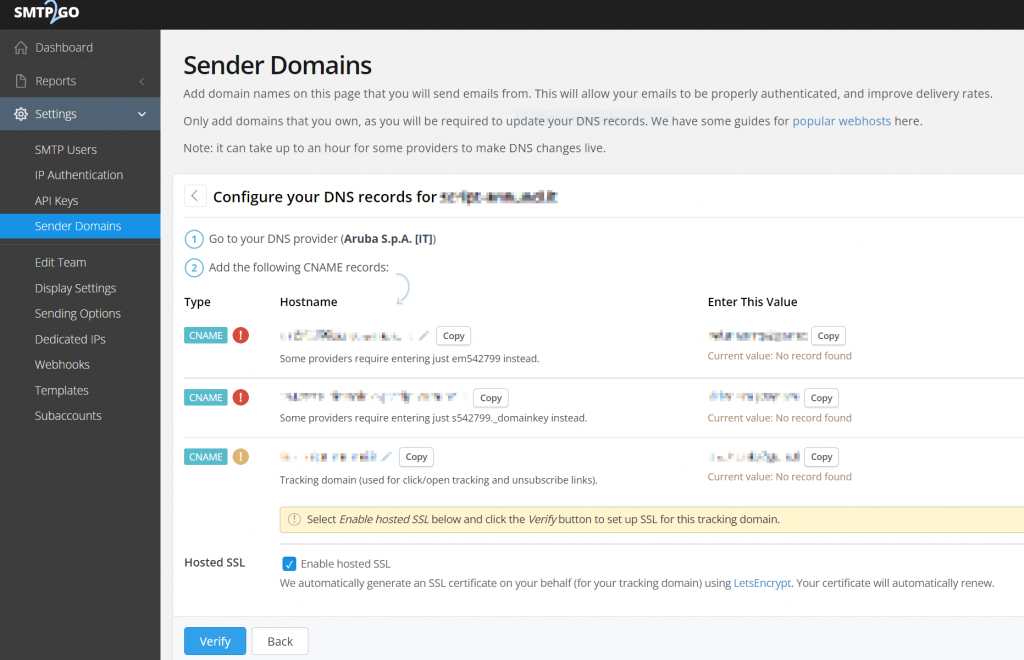 pagina "Configura il tuo DNS" di SMTP2GO