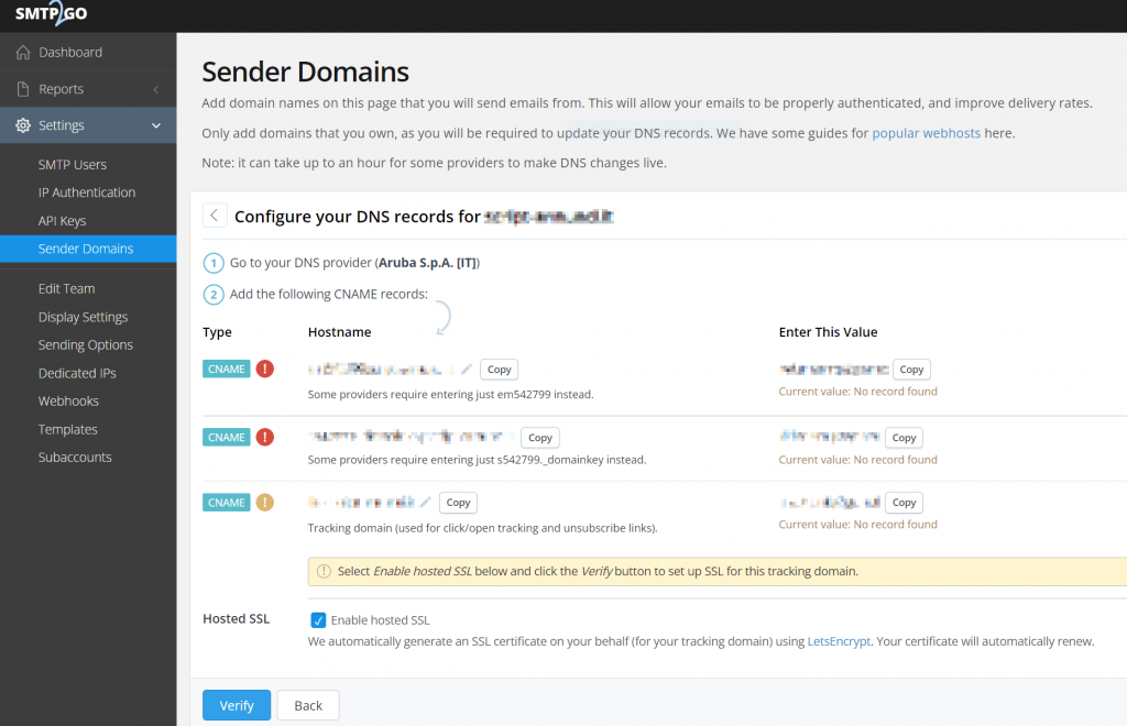 DNS record configuration page in SMTP2GO