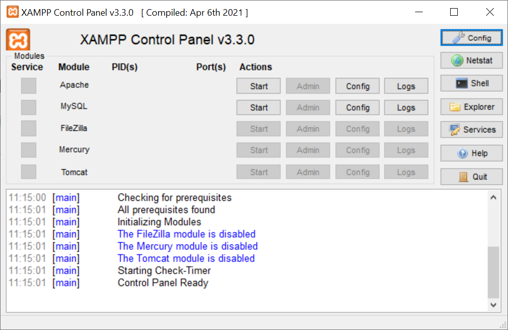 Pannello di controllo di XAMPP