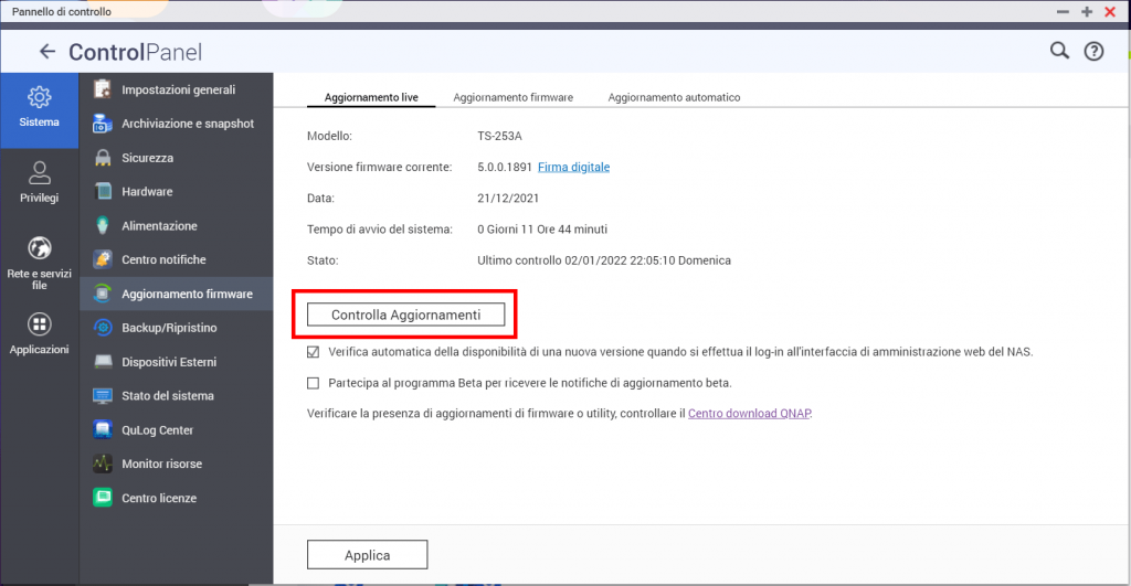 QNAP QTS Aggiornamento firmware