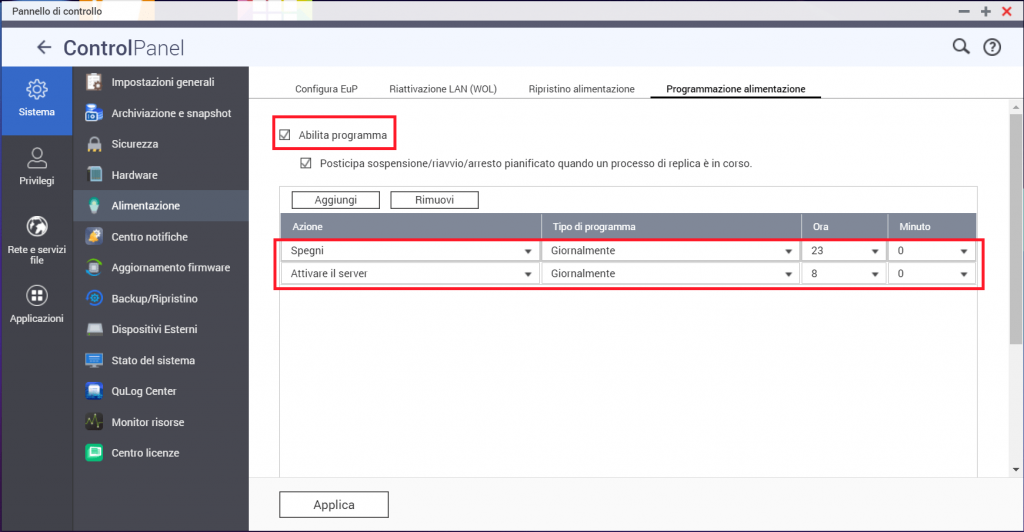 QNAP QTS Programmazione alimentazione