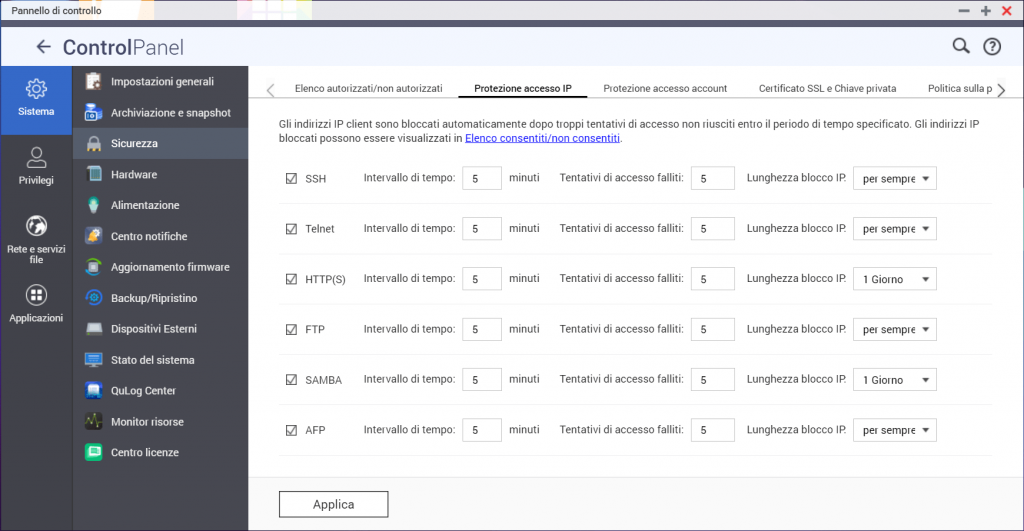 QNAP QTS Protezione accesso IP