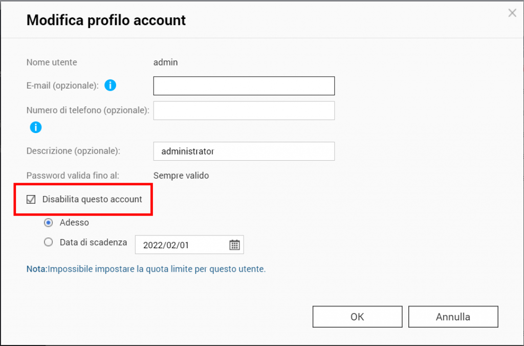 QNAP QTS diabilitazione utente admin