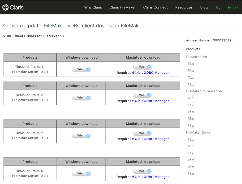 Pagina di download dei driver xDBC per Filemaker