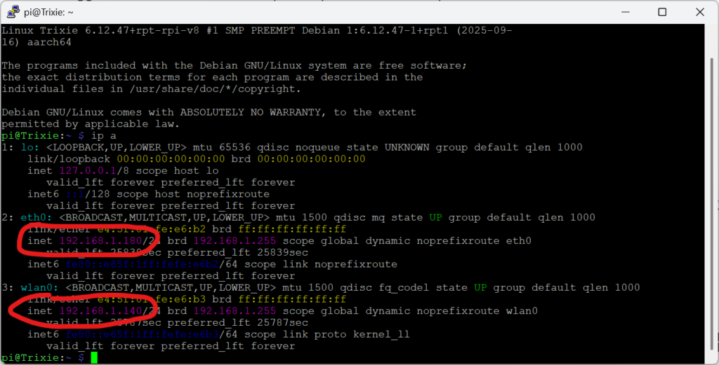 ip a ottiene gli indirizzi ip del raspberry
