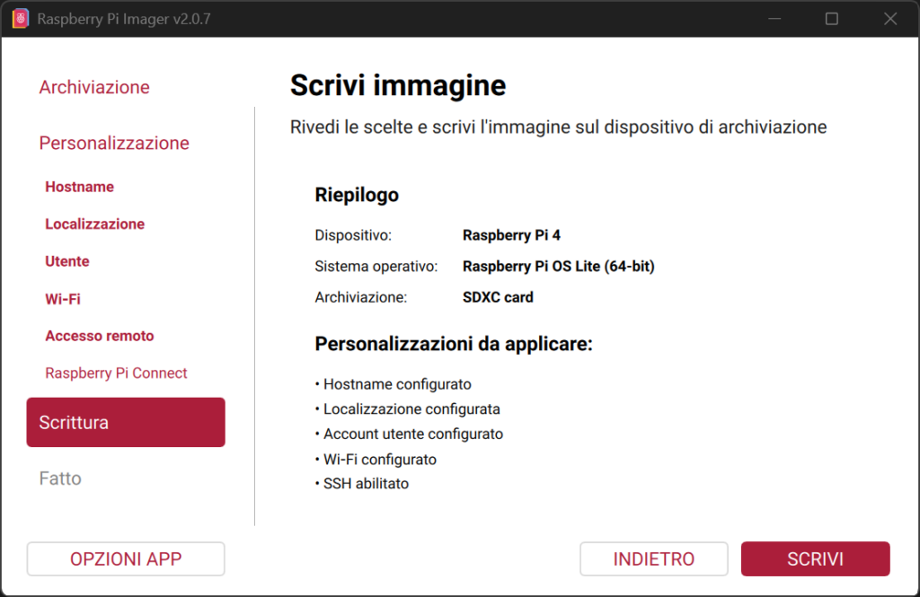 Raspbian pi imager - conferma per la scrittura