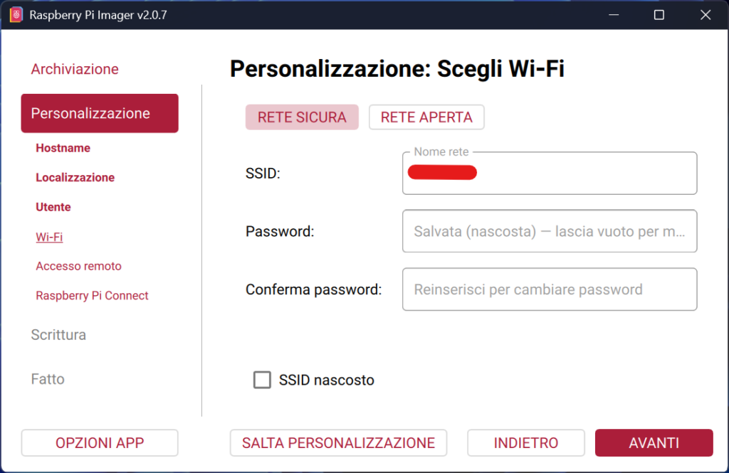 Raspbian pi imager - impostazioni del wi-fi