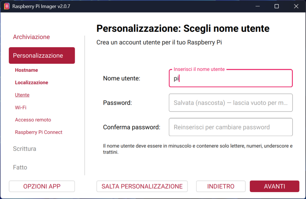 Raspbian pi imager - impostazione username e password