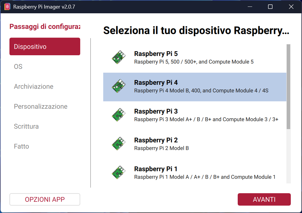 Raspbian pi imager - selezione del dispositivo di destinazione
