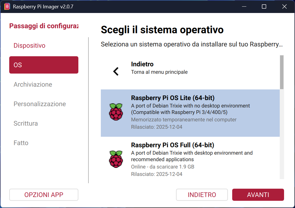 Raspbian pi imager - scelta del sistema operativo lite 64 bit