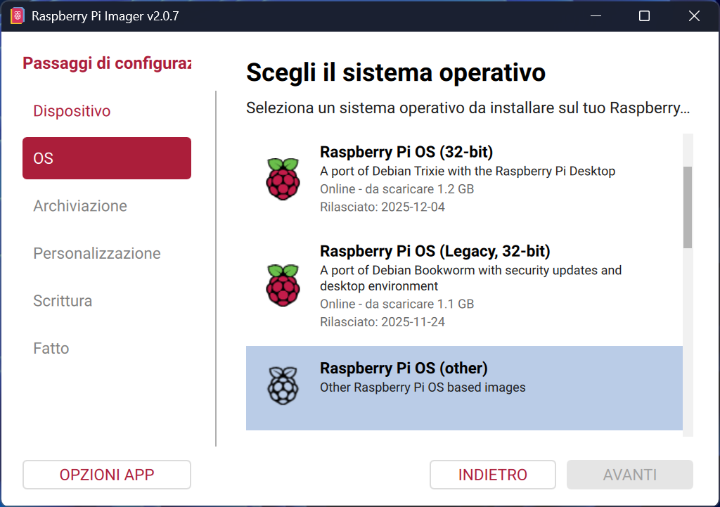 Raspbian pi imager - scelta del sistema operativo