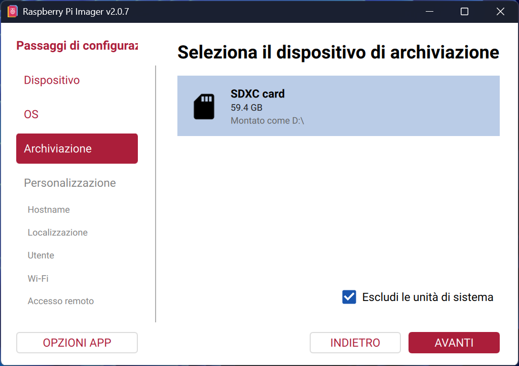 Raspbian pi imager - selezione della SD card