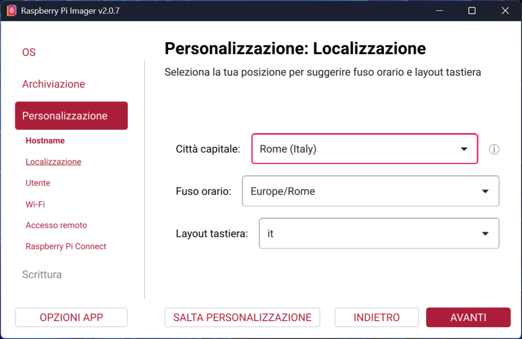 Raspbian pi imager - impostazioni della localizzazione