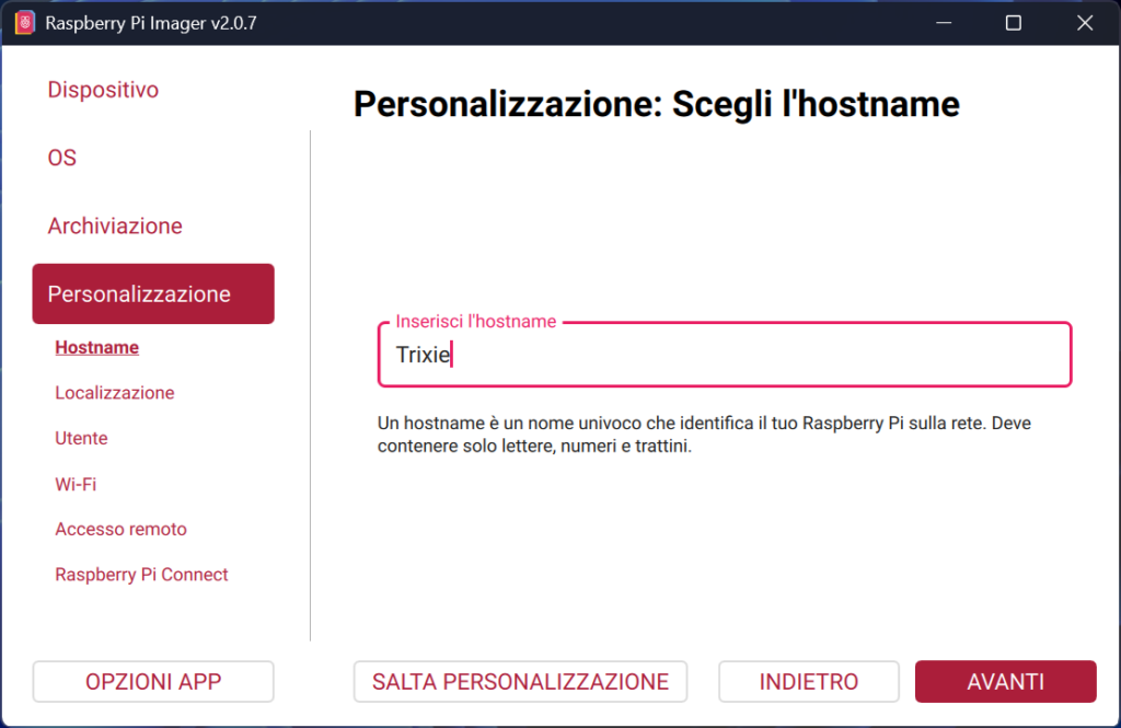 Raspbian pi imager - scelta dell'hostname